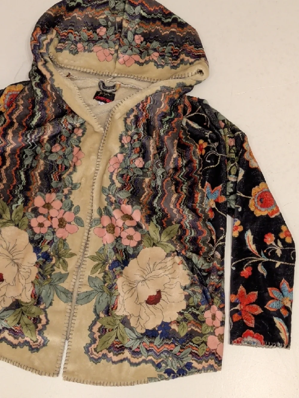 Johnny Was Biya Sherpa Hooded Jacket Soft Fleece Colorful Flowers Oversized Sz L - Picture 10 of 12